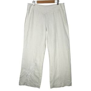 Whitewash Linen Trouser Pants Womens 8 Cream Ivory Wide Leg Embroidered Floral